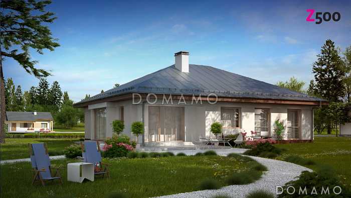 Проект одноэтажного дома из кирпича с окнами до пола в дневной и ночной зоне и с большим гаражом и техническим помещением