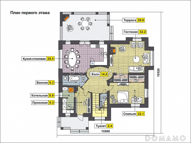 Проект дома с крытой террасой с камином, просторной кухней-столовой, гостиной с камином, сауной на втором этаже / План 1 этажа