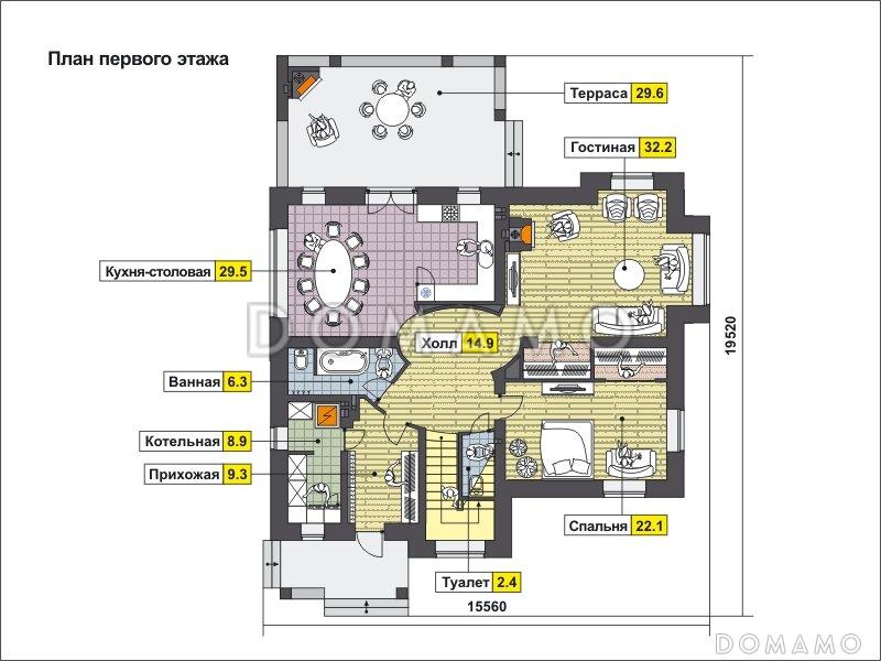 Проект дома с крытой террасой с камином, просторной кухней-столовой, гостиной с камином, сауной на втором этаже / План 1 этажа