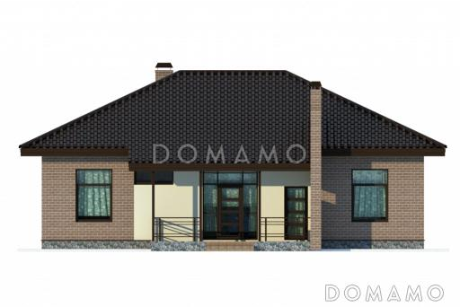 Проект одноэтажного коттеджа с коричневой облицовкой и необычной стеной крыльца / Фасад 1