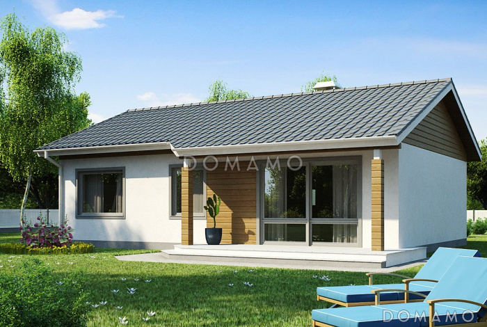 Проект компактного одноэтажного дома из кирпича с тремя спальнями и небольшой крытой террасой Проект компактного одноэтажного дома из кирпича с тремя спальнями и небольшой крытой террасой