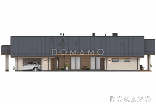 Проект одноэтажного дома с приватным блоком, спа-зоной, навесом для двух автомобилей и террасой с барбекю / Фасад 2