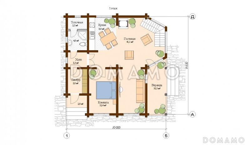 Проект двухэтажного пятикомнатного дома из клееного бруса / План 1 этажа