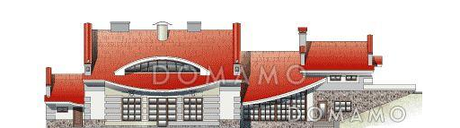 Проект двухэтажного дома с просторной гостиной, зимним садом, бассейном и кабинетом на втором этаже / Фасад 1