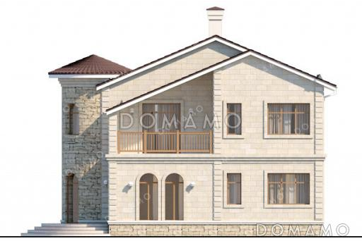 Проект дома с круглым эркером в кабинете, четырьмя спальнями и кладовой на кухне / Фасад 1