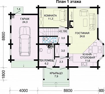 Проект дома из бруса с гаражом / План 1 этажа Проект дома из бруса с гаражом / План 1 этажа