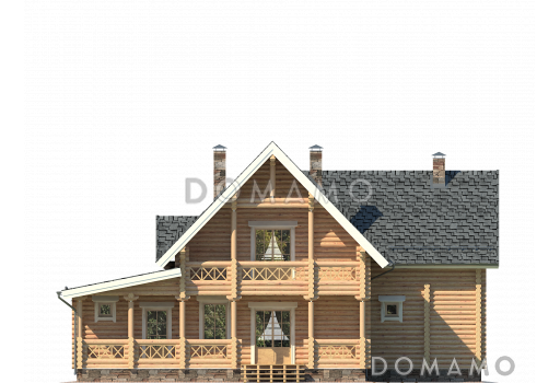 Проект деревянного дома с небольшой парной, просторной террасой и навесом для машины / Фасад 3