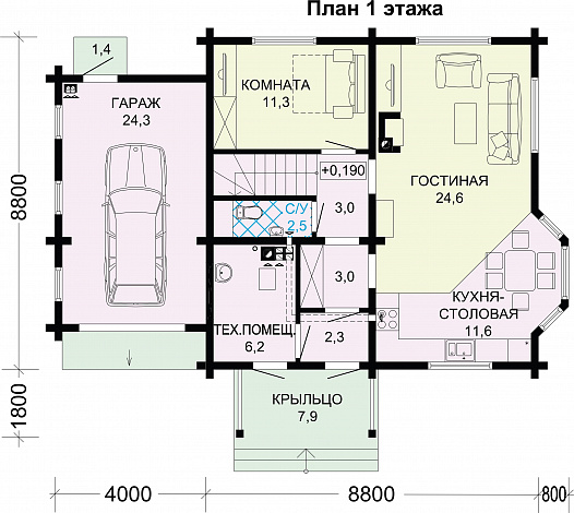 Проект дома из бруса с гаражом / План 1 этажа