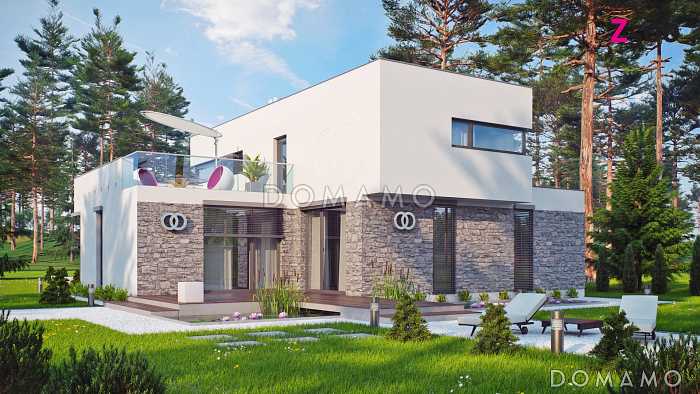 Проект современного двухэтажного дома из кирпича в стиле модерн, с террасой на втором уровне, с гаражом Проект современного двухэтажного дома из кирпича в стиле модерн, с террасой на втором уровне, с гаражом