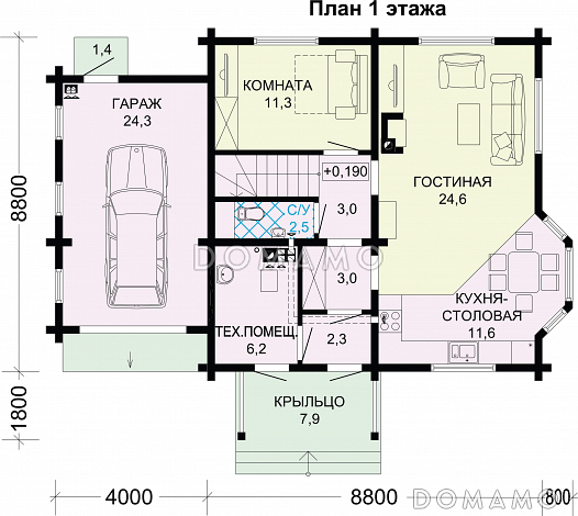 Проект дома из бруса с гаражом / План 1 этажа Проект дома из бруса с гаражом / План 1 этажа