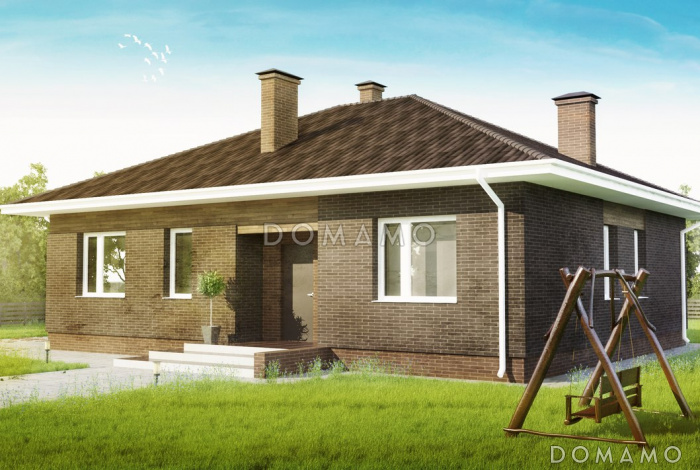 Проект компактного одноэтажного дома по технологии ЛСТК с террасой, с комбинированной отделкой Проект компактного одноэтажного дома по технологии ЛСТК с террасой, с комбинированной отделкой