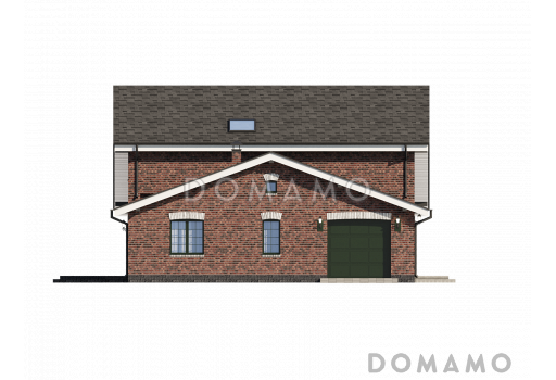 Проект загородного дома с гаражом, верандой и террасой, сауной, отдельными лестницами на мансардный этаж в гостевую и хозяйскую часть / Фасад 2