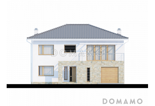Проект просторного современного двухэтажного дома из газобетона, с пятью комнатами, гаражом и балконом / Фасад 2