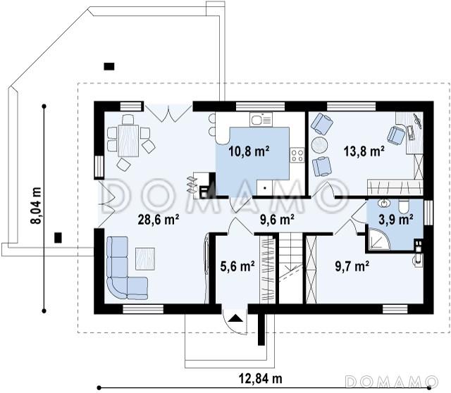 Проект одноэтажного мансардного дома из кирпича с четырьмя комнатами и тремя балконами / План 1 этажа