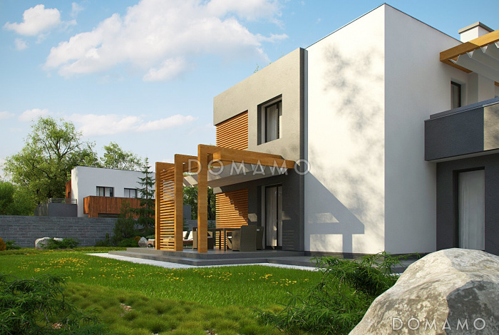 Проект двухэтажного дома с гаражом на две машины, террасами, хозяйской спальней, кухней и гостиной без перегородки Проект двухэтажного дома с гаражом на две машины, террасами, хозяйской спальней, кухней и гостиной без перегородки