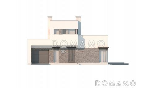 Проект компактного современного двухэтажного дома из кирпича в стиле модерн, с террасой на втором уровне и с гаражом / Фасад 1