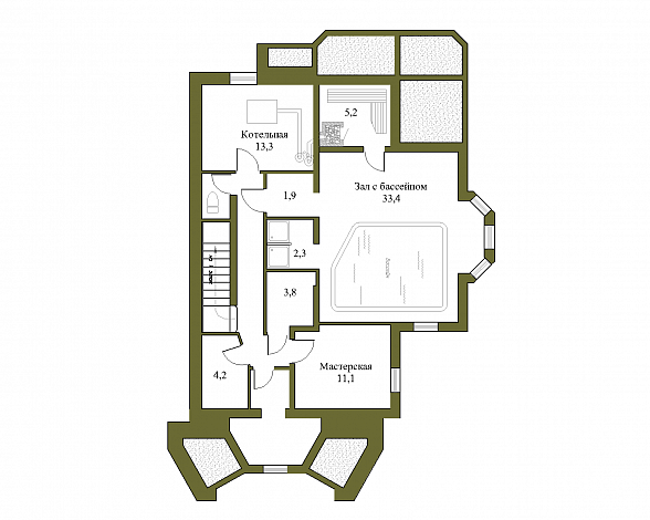 Проект трёхэтажного коттеджа с гаражом, подвалом и бассейном / План цокольного этажа
