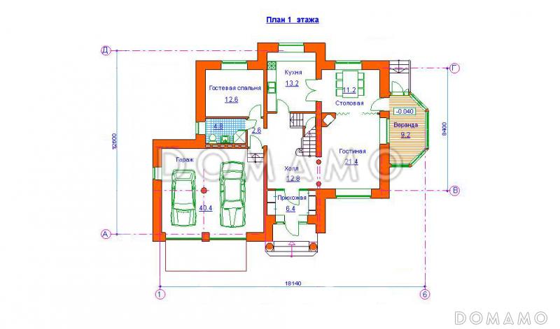 Проект двухэтажного дома с подвалом / План 1 этажа