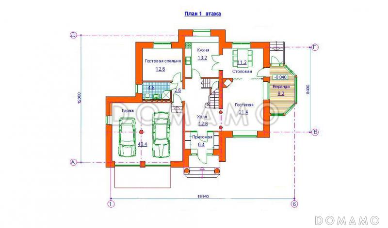 Проект двухэтажного дома с подвалом / План 1 этажа