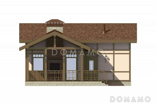 Проект дома с просторной крытой террасой с барбекю, гостиной с кухней-столовой, сауной и душевой, вторым светом и спальней на мансарде / Фасад 2