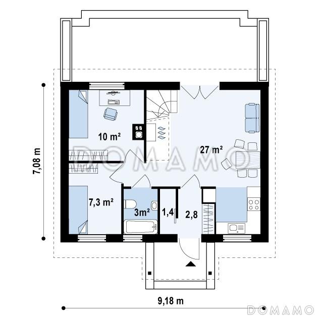 Проект одноэтажного мансардного дома из газобетона с четырьмя спальнями / План 1 этажа