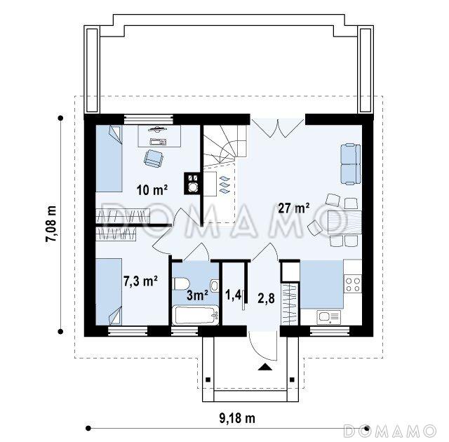 Проект одноэтажного мансардного дома из газобетона с четырьмя спальнями / План 1 этажа