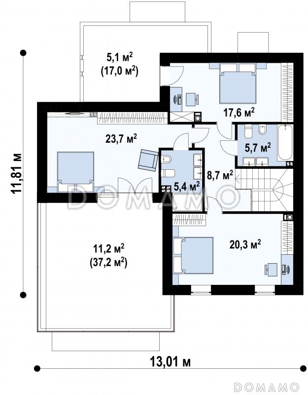 Проект двухэтажного дома с гаражом на две машины и кладовой, просторной дневной зоной, спальней на первом этаже / План 2 этажа