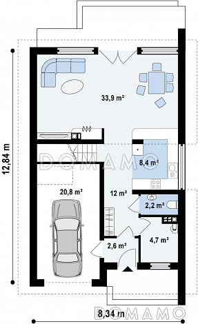 Проект одноэтажного дома из кирпича с мансардным этажом и встроенным гаражом / План 1 этажа
