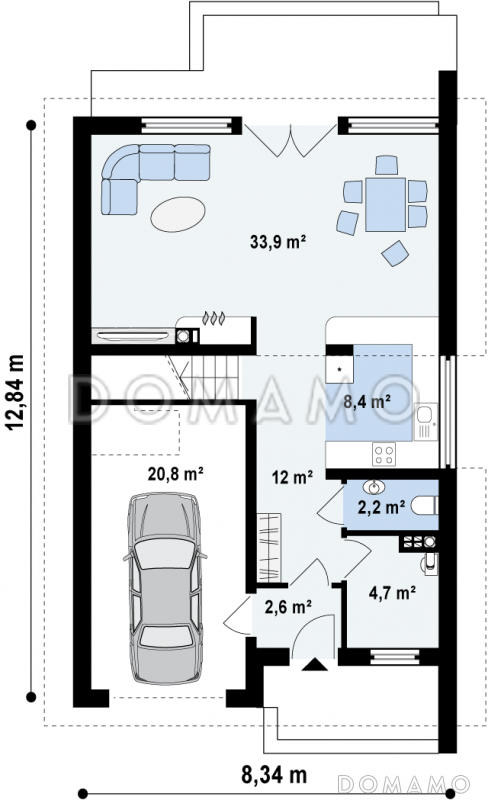 Проект одноэтажного дома из кирпича с мансардным этажом и встроенным гаражом / План 1 этажа