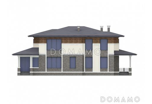 Проект двухэтажного дома в стиле Райта с кухней-столовой, застекленной террасой, постирочной на втором этаже / Фасад 1