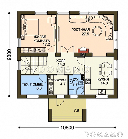 Проект двухэтажного дома с  небольшим кабинетом на втором этаже / План 1 этажа