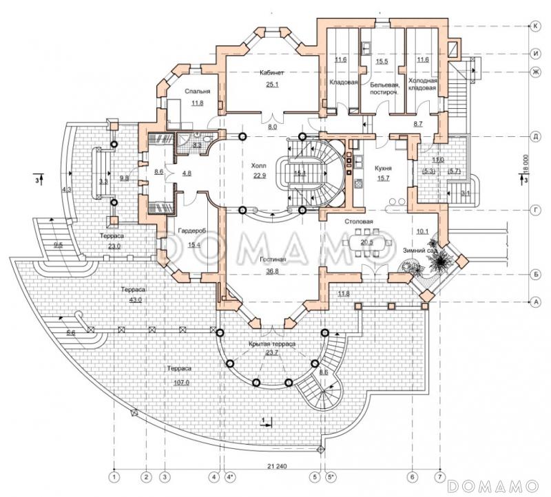 Проект парадного коттеджа с красивым холлом и террасой / План 1 этажа