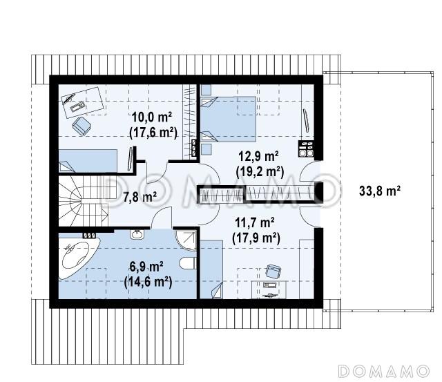 Проект одноэтажного мансардного дома из кирпича с террасой над гаражом / План мансардного этажа