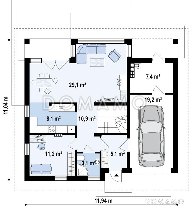 Проект одноэтажного мансардного коттеджа из кирпича с большой площадью остекления в гостиной, кабинетом и гаражом / План 1 этажа