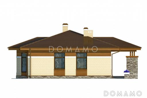 Проект одноэтажного дома с двуцветной облицовкой и большим эркером гостиной / Фасад 4