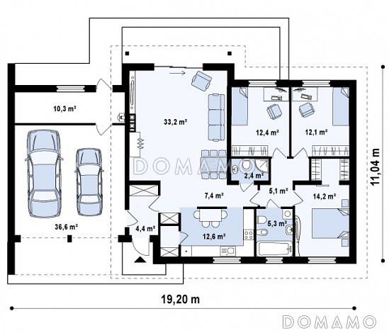 Проект одноэтажного дома из газобетона с гаражом на два автомобиля и отделённой спальной зоной / План 1 этажа