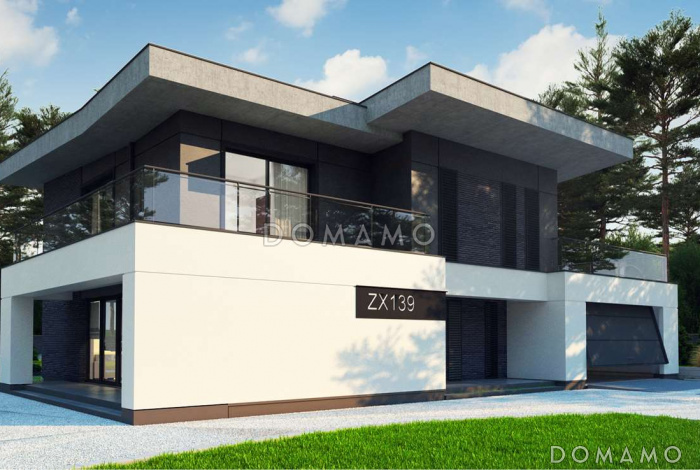 Проект современного двухэтажного дома из газобетона с пятью спальнями, с гаражом для двух автомобилей и террасами на обоих уровнях Проект современного двухэтажного дома из газобетона с пятью спальнями, с гаражом для двух автомобилей и террасами на обоих уровнях