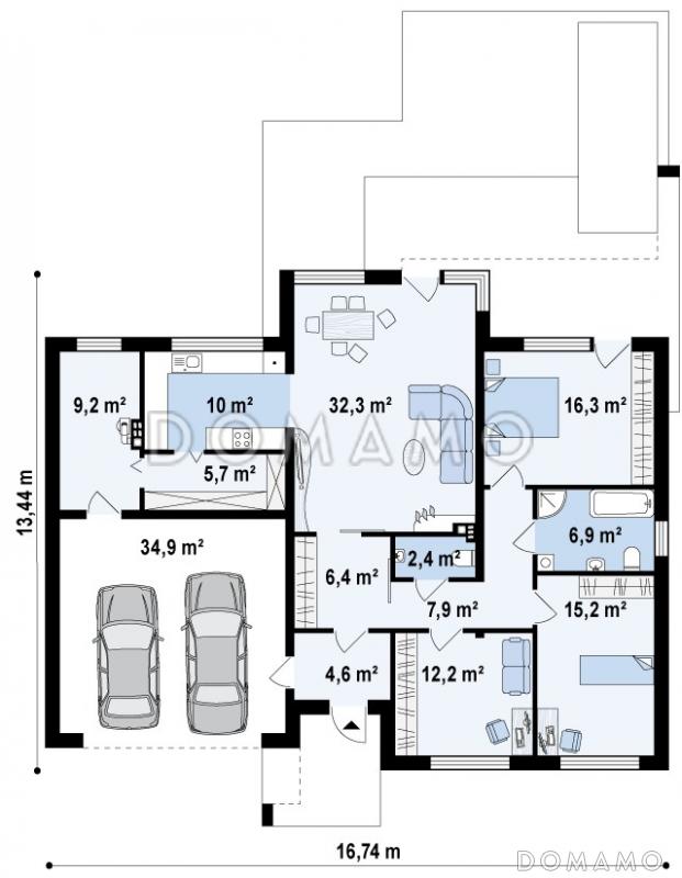 Проект просторного современного одноэтажного дома из газобетона с тремя спальнями и двухместным гаражом / План 1 этажа