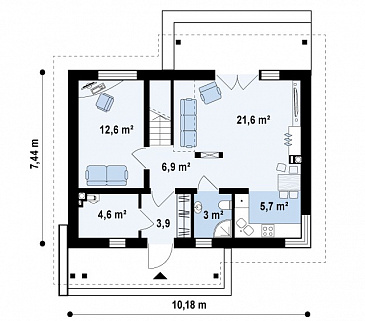 Проект компактного одноэтажного мансардного дома из газобетона с кабинетом и тремя спальнями / План 1 этажа Проект компактного одноэтажного мансардного дома из газобетона с кабинетом и тремя спальнями / План 1 этажа