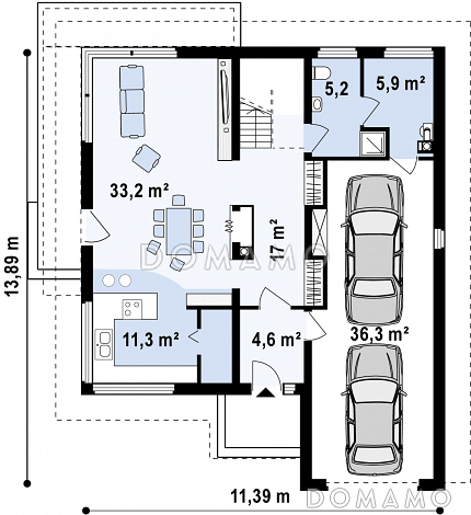 Проект двухэтажного дома из газобетона, адаптированный для сейсмозоны с четырьмя спальнями и удлинённым двухместным гаражом / План 1 этажа