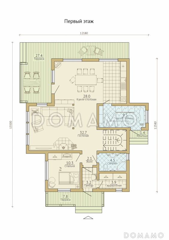 Проект современного каркасного дома с двумя террасами / План 1 этажа Проект современного каркасного дома с двумя террасами / План 1 этажа