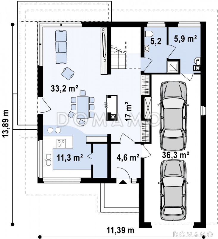 Проект двухэтажного дома из газобетона, адаптированный для сейсмозоны с четырьмя спальнями и удлинённым двухместным гаражом / План 1 этажа