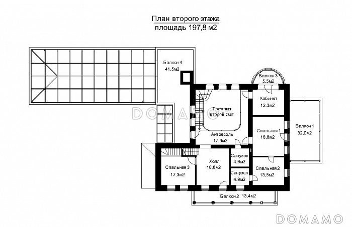 Проект загородного дома с пристроенным задним бассейна из светопрозрачных конструкций / План 2 этажа Проект загородного дома с пристроенным задним бассейна из светопрозрачных конструкций / План 2 этажа