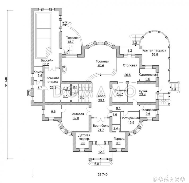 Проект особняка с бассейном / План 1 этажа
