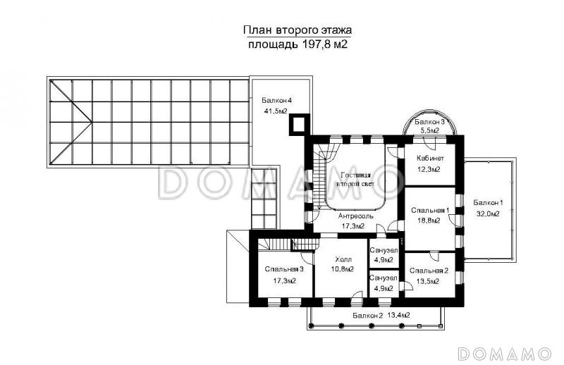 Проект загородного дома с пристроенным задним бассейна из светопрозрачных конструкций / План 2 этажа