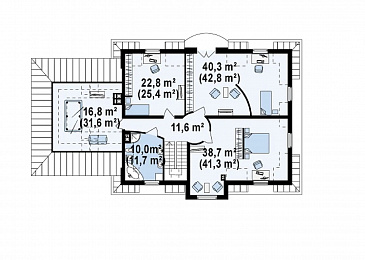 Проект большого одноэтажного мансардного дома из газобетона с просторной гостиной, гаражом и бильярдной  / План мансардного этажа