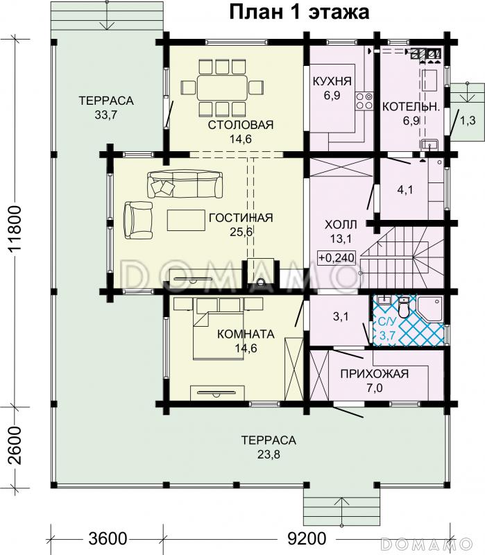 Проект двухэтажного дома из бруса с масштабной крытой террасой / План 1 этажа