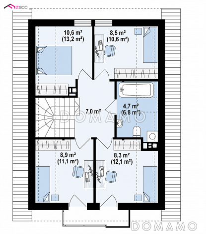 Проект одноэтажного мансардного дома из кирпича с кабинетом и балконом / План мансардного этажа
