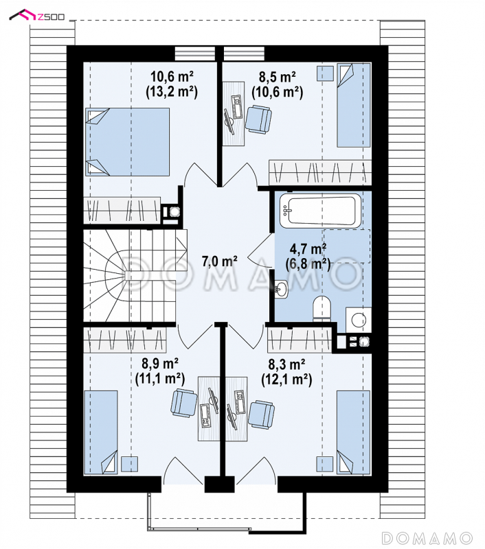 Проект одноэтажного мансардного дома из кирпича с кабинетом и балконом / План мансардного этажа