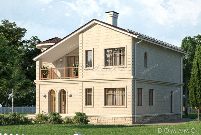 Проект дома с круглым эркером в кабинете, четырьмя спальнями и кладовой на кухне